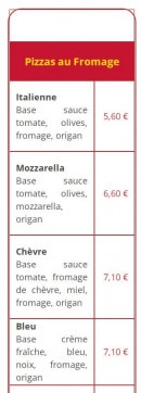 Menu Mille et une pizzas - Pizzas au fromage