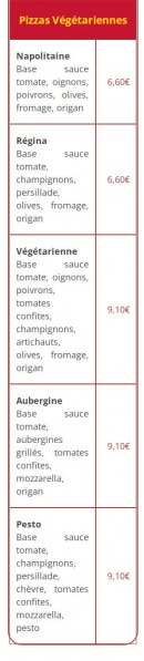 Menu Mille et une pizzas - Pizzas végétariennes