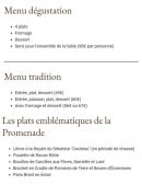 Menu la Promenade - Les menus