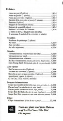 Carte et menu de La Cuisine du Vietnam à Saint Marcellin — Les entrées, salades, ...