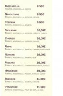 Menu Chez les filles - les pizzas à base de tomate: mozzarella, napolitaine, toscana...
