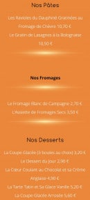 Menu Auberge des Avenières - Les pâtes, les fromages et les desserts 