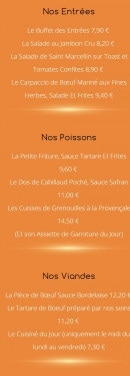 Menu Auberge des Avenières - Le entrées, les poissons et les viandes