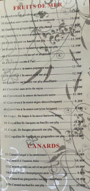 Carte et menu de Le Nouveau Palais du Bonheur à Romorantin Lanthenay — Les fruites de mers et canards