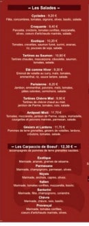 Menu Le Malala - les salades, les carpaccio de boeuf