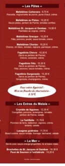 Menu Le Malala - les pâtes, les extras du Malala, la mer