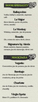 Menu B&B - House speciality et mocktails