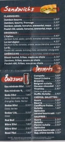 Menu Le cocorico - Les sandwiches, boissons et desserts