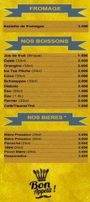 Carte et menu de A la Bonne Frite à Villiers le Sec — Les fromages, boissons et bières