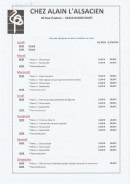 Carte et menu de Chez Alain l'Alsacien à Homecourt — Un exemple de menu du semaine