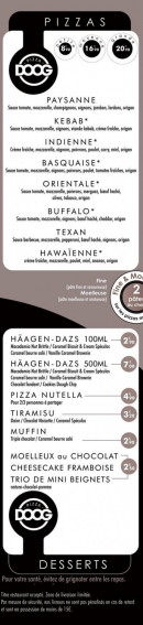 Menu Doog Pizza - Les pizzas et desserts