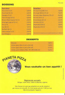 Menu Pianeta pizza - Les boissons et desserts