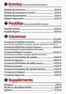 Menu Lille Couscous - Les entrées, couscous et suppléments,...