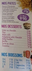 Carte et menu de Au Frais fresnoy à Roubaix — Les pates, desserts et boissons