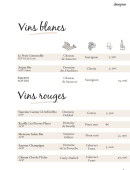 Menu Dionysos - Les vins blancs et vins rouges
