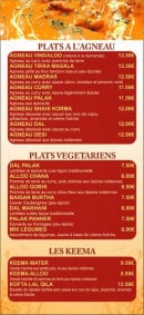 Menu Lal Qila - L' agneau, plats végétariens et keema