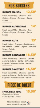 Carte et menu de Restaurant Le 12/13 à Cournon d'Auvergne — Les burgers et pièce de bœuf