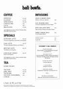 Menu Bali Bowls - Les coffees, infusions, spéciales et tea