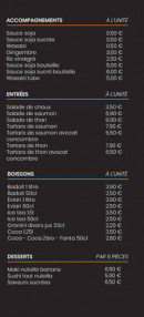 Carte et menu de Jaja'P à Saint Laurent de la Salanque — Accompagnements, entrées, boissons,...