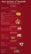 Menu Aux Saveurs D'Anatolie - Les soupes, les pizzas, les assiettes, sandwiches, desserts...