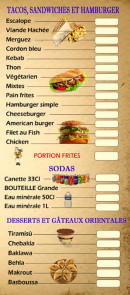 Menu Chez Yasmine - Les tacos, sandwichs et burgers