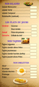 Menu Chez Yasmine - Les salades, plats et tajines, ...