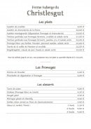 Carte et menu de Ferme Auberge Christlesgut à Breitenbach Haut Rhin — Les plats, fromages et desserts