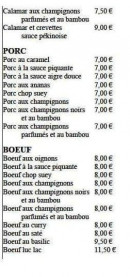 Carte et menu de Le Quai d'Asie à Neuville sur Saone — Porc et bœuf