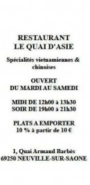 Carte et menu de Le Quai d'Asie à Neuville sur Saone — Les informations