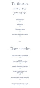 Menu Howard House - Les tartinades avec ses gressins et charcuteries