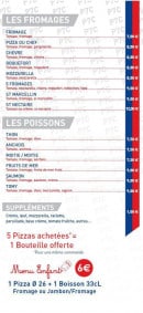 Menu Pizza des 7 chemins - Les fromages, les poissons, les suppléments..