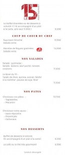 Menu Le 15 - Les salades, pates et desserts,..