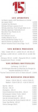Menu Le 15 - les apéritifs et bières,...