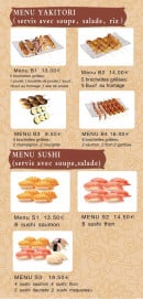 Carte et menu de Kouunn Sushi à Montceau les Mines — Le menu yakitoris et menu sushis