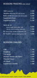 Carte et menu de Chalet La Tuviere Bike Inn à Jarrier — Les boissons fraîches avec alcool et boissons chaudes