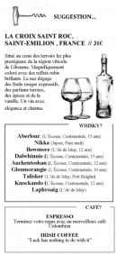 Menu Couloir - Suggestion, whisky et café