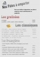 Menu La Spaghetterie - Les gratinées, classiques et fromagères 