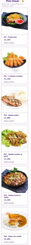 Menu Midory - Les plat chaud