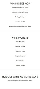 Menu BigBang - Vins rosés, vins n pichets