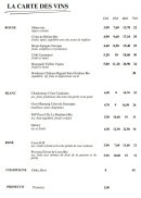 Menu Les Complices - Carte des vins