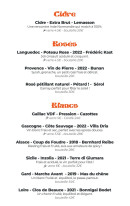 Menu Delhi Bazaar - Les cidres, vins rosés et vins blancs