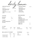 Menu Dirty Lemon - Les mocktails, cafés et vins,...