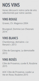 Menu Panamé - Les vins 