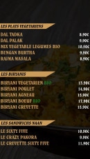 Menu The Indian Corner - Plats végétariens, biryanis et sandwiches