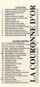 Menu La couronne d'or - Les potages, hors d'oeuvres