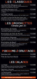 Menu A la Braise - Les classiques, brochettes et salades, ...