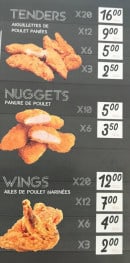 Menu Food Station - Tenders, nuggets et wings
