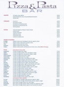Menu Pizza e Pasta Bar - les apéritifs, antipastis, entrées, salades et pizzas