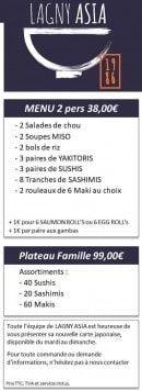 Carte et menu de Lagny Asia à Lagny sur Marne — Le menu à 2 personnes et plateau famille