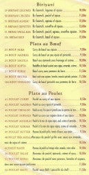 Menu Délice de Agra - Les biryianis, les plats au boeuf et au poulet